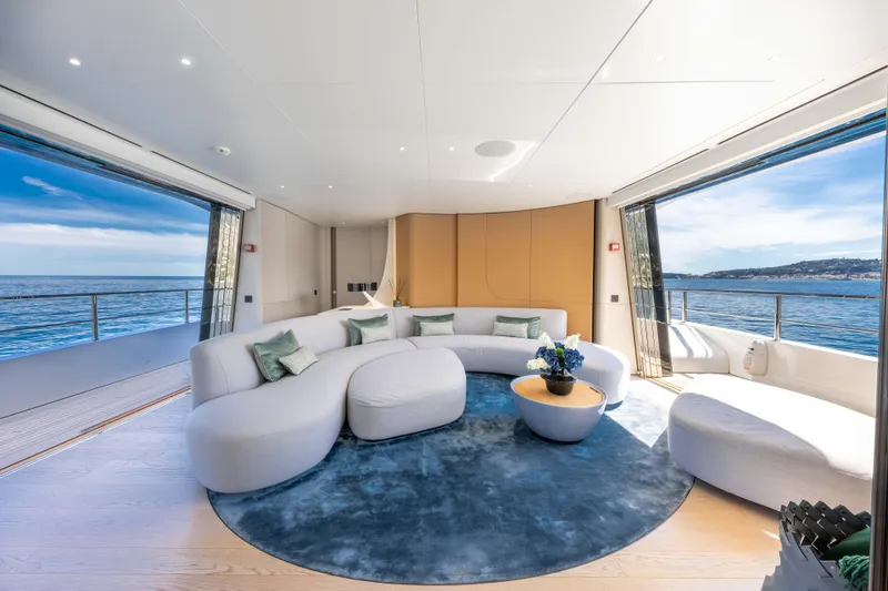 Ocean One Yacht Photos Pics Luxurious interior of 2022 Azimut Grande 36M yacht with ocean view and modern seating.