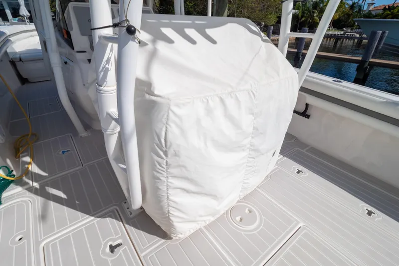  Yacht Photos Pics 2015 Intrepid 400 Center Console boat interior with covered equipment on deck.