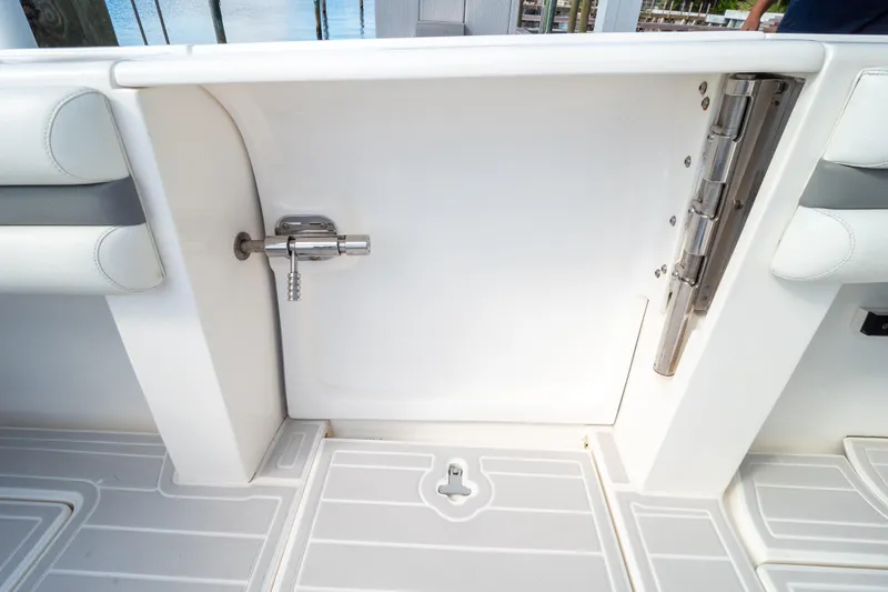  Yacht Photos Pics 2015 Intrepid 400 Center Console boat door with stainless steel latch and hinge.