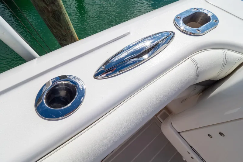  Yacht Photos Pics 2015 Intrepid 400 Center Console boat with chrome fittings and white upholstery.