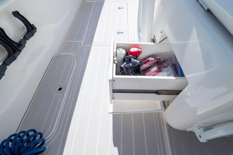  Yacht Photos Pics Open storage drawer on 2015 Intrepid 400 Center Console boat deck.