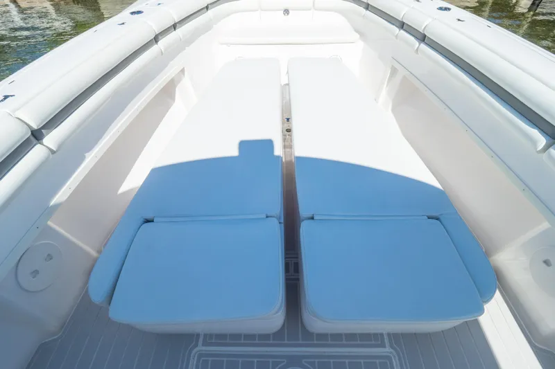  Yacht Photos Pics 2015 Intrepid 400 Center Console boat interior with cushioned seating.