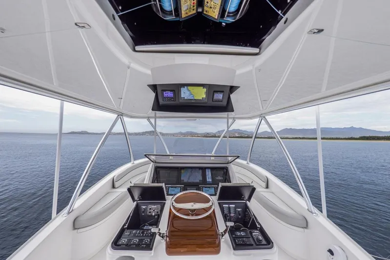 Marlin Magic Yacht Photos Pics 2021 Viking 92 Skybridge yacht helm with panoramic ocean view and advanced navigation systems.