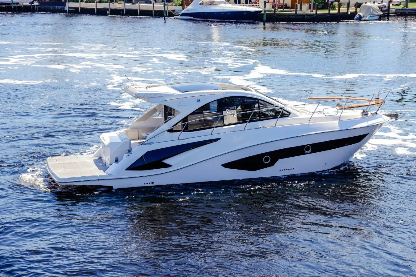 2021 Evolve 400HT yacht cruising on a sunny day.