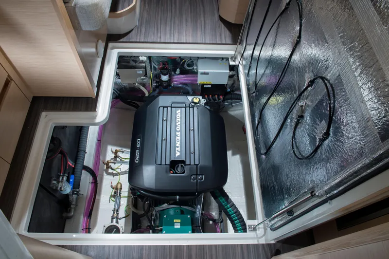 Pastiche Yacht Photos Pics Engine compartment of a 2019 Greenline Hybrid boat, featuring a Volvo Penta engine.