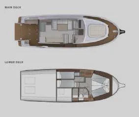 Pastiche Yacht Photos Pics Floor plan of 2019 Greenline Hybrid yacht, showing main and lower decks layout.
