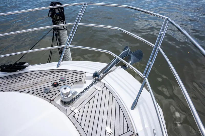 The Real D Yacht Photos Pics Azimut 60 Flybridge 2013 yacht bow with anchor and teak deck.