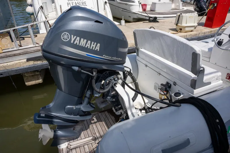 The Real D Yacht Photos Pics Yamaha outboard motor on Azimut 60 Flybridge, 2013 model, docked at marina.
