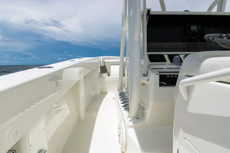  Yacht Photos Pics 2017 SeaVee 370z boat interior with sleek white design and ocean view.