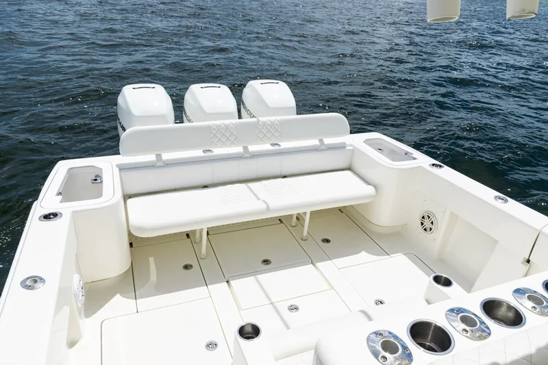  Yacht Photos Pics 2017 SeaVee 370z boat with triple outboard engines on open water.