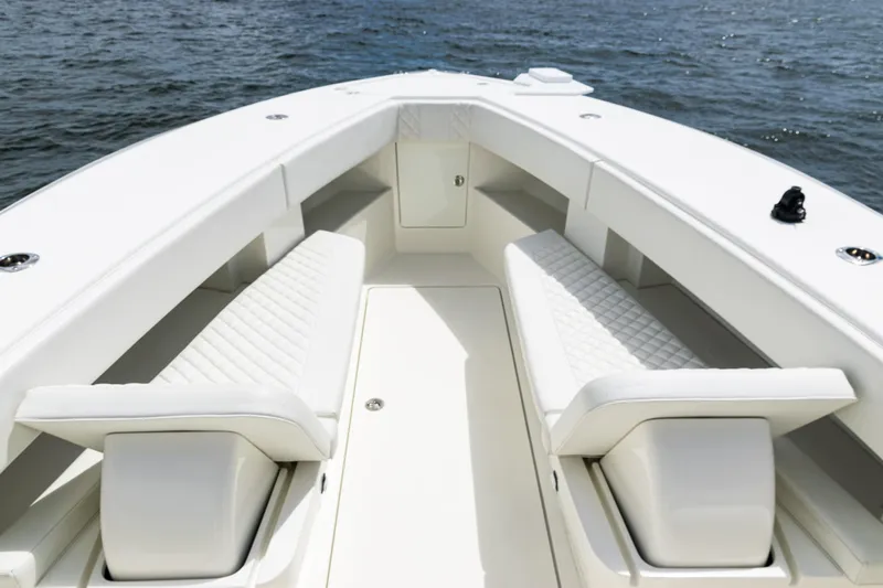  Yacht Photos Pics 2017 SeaVee 370z boat interior with white seating and ocean backdrop.