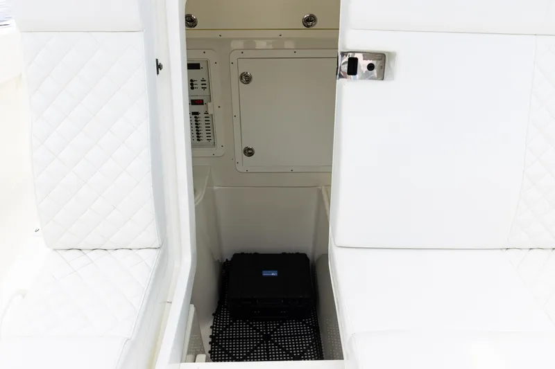  Yacht Photos Pics Interior view of a 2017 SeaVee 370z boat with white quilted seating.