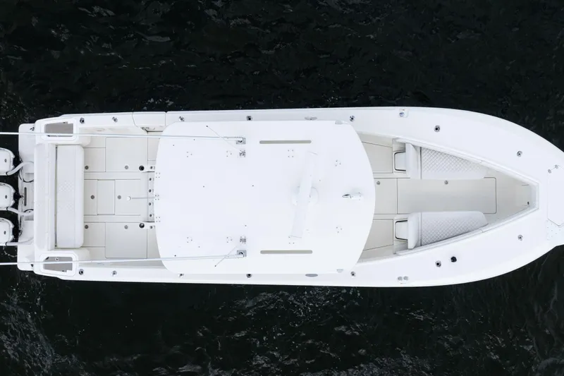  Yacht Photos Pics Overhead view of 2017 SeaVee 370z boat on dark water.