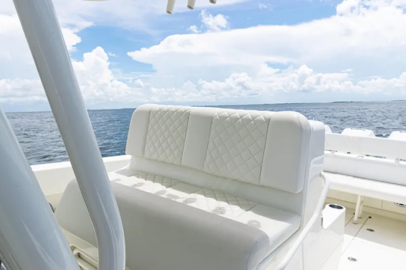  Yacht Photos Pics Luxurious seating on a 2017 SeaVee 370z boat with ocean view and blue sky.