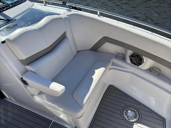 The Good Life Yacht Photos Pics Luxurious seating on 2019 Four Winns H350 boat, featuring sleek design and comfortable upholstery.