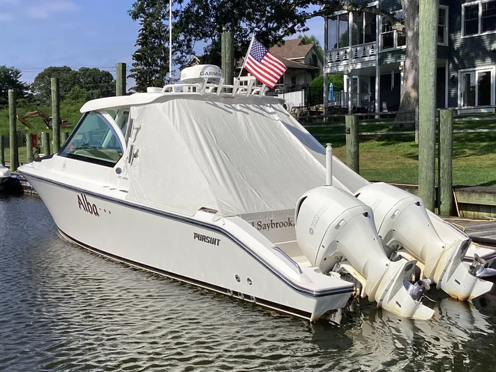  Yacht Photos Pics 2017 Pursuit DC 325 Dual Console boat docked with twin Yamaha engines.