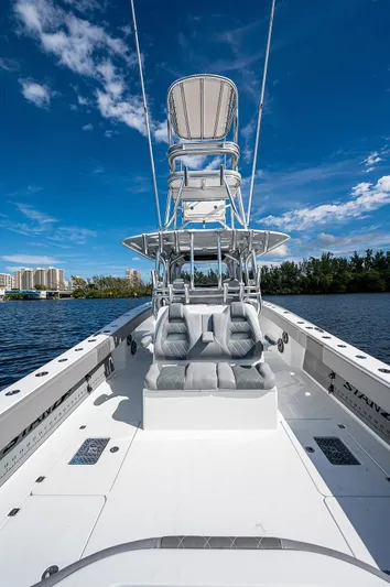 No Woke Zone Yacht Photos Pics 2019 Freeman 37 boat with dual seating and tower on a sunny day.