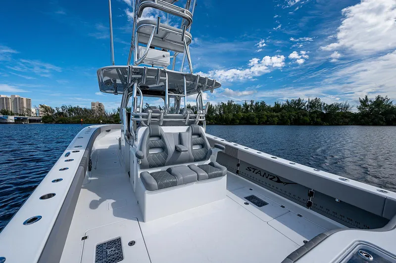 No Woke Zone Yacht Photos Pics Freeman 37 boat interior, 2019 model, on a calm water body with clear sky.