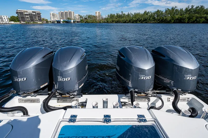 No Woke Zone Yacht Photos Pics Freeman 37 boat with quad Yamaha 300 engines on a scenic waterway, 2019 model.