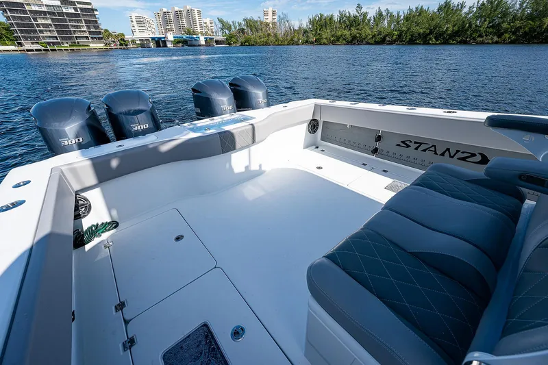 No Woke Zone Yacht Photos Pics 2019 Freeman 37 boat with triple 300 engines on a scenic waterway.