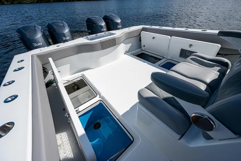 No Woke Zone Yacht Photos Pics Freeman 37 boat 2019 model with four 300 HP engines, spacious deck, and seating.