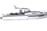 2022 Nimbus T11 boat, sleek white design, side view, modern features.