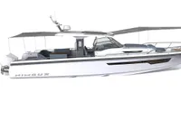 Nimbus T11 2022 model boat with sleek design and spacious deck.