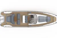 Top view of 2022 Nimbus T11 yacht with spacious deck layout and twin engines.