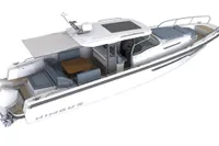 Nimbus T11 2022 model boat with sleek design and spacious seating area.