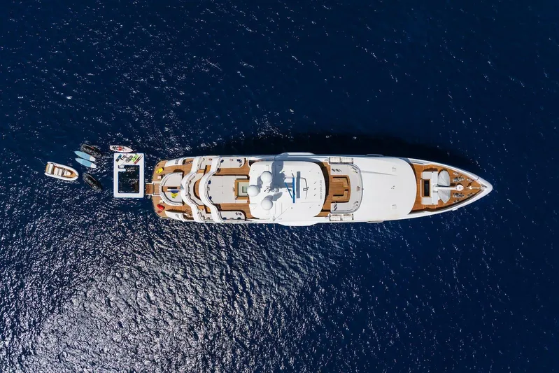 Fortuna Yacht Photos Pics Aerial view of 2022 CMB Yachts CMB 47 luxury yacht on deep blue sea.