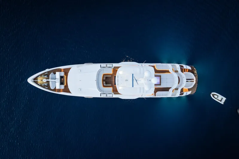 Fortuna Yacht Photos Pics Aerial view of 2022 CMB Yachts CMB 47 luxury yacht on deep blue water.