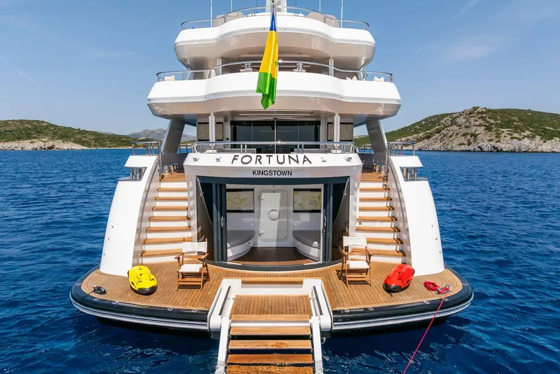 Fortuna Yacht Photos Pics Luxury CMB Yachts CMB 47, 2022 model, anchored in scenic blue waters.