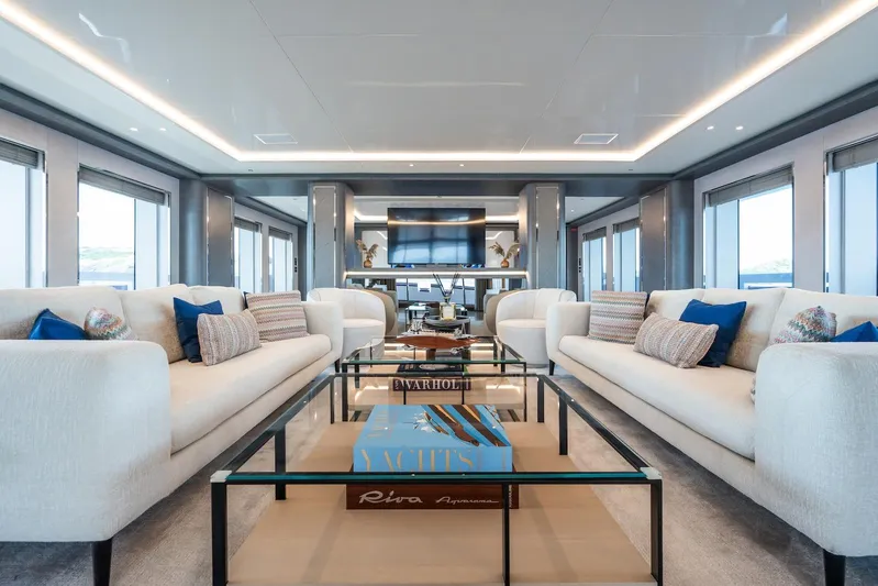 Fortuna Yacht Photos Pics Luxurious interior of 2022 CMB Yachts CMB 47, featuring elegant sofas and modern decor.