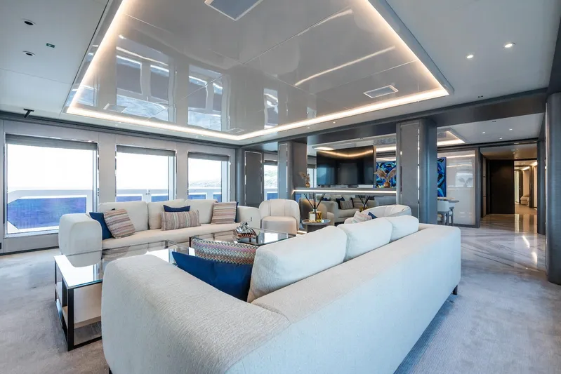 Fortuna Yacht Photos Pics Luxurious interior of 2022 CMB Yachts CMB 47 with modern furnishings and elegant lighting.