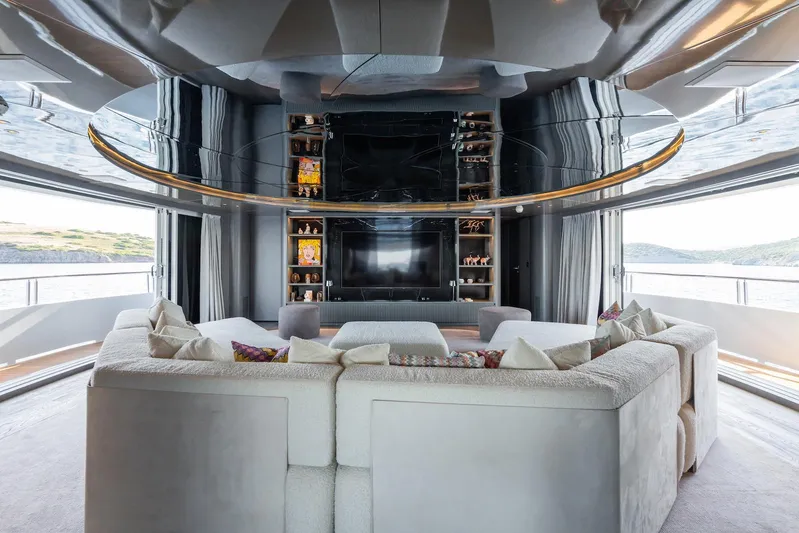 Fortuna Yacht Photos Pics Luxurious interior of 2022 CMB Yachts CMB 47 with plush seating and large TV.