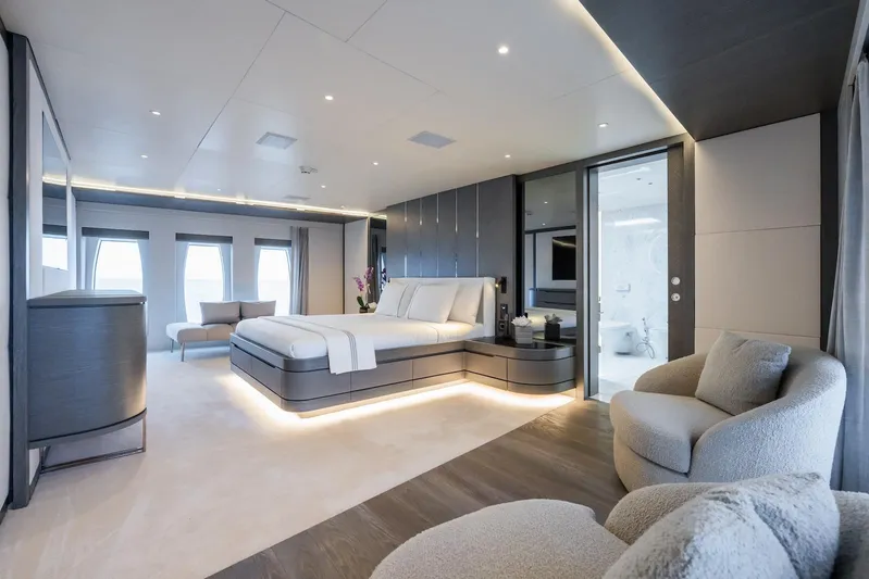 Fortuna Yacht Photos Pics Luxurious bedroom interior of 2022 CMB Yachts CMB 47, featuring modern design and elegant furnishings.