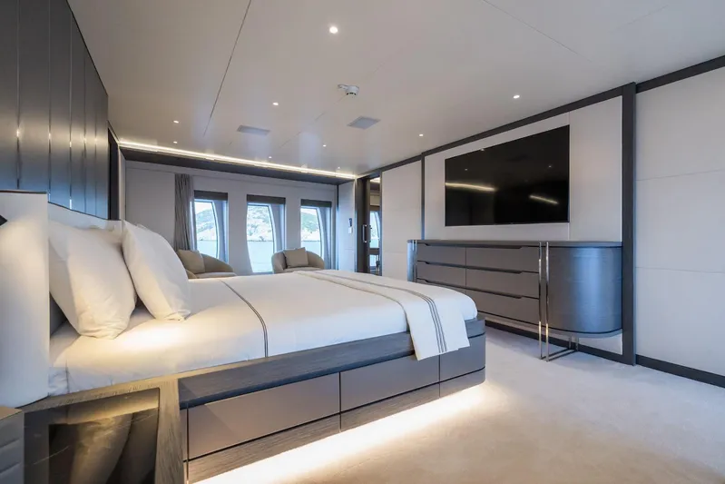 Fortuna Yacht Photos Pics Luxurious bedroom interior of 2022 CMB Yachts CMB 47 with modern design and large windows.
