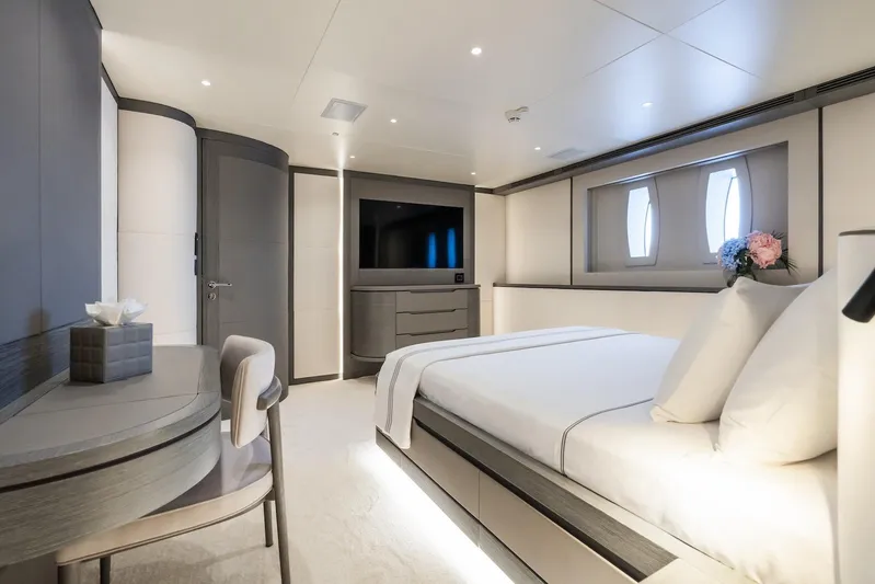 Fortuna Yacht Photos Pics Luxurious bedroom interior of 2022 CMB Yachts CMB 47 with modern design and elegant furnishings.