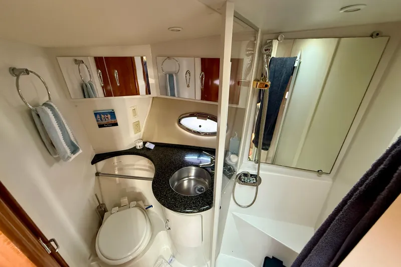 One Last Time II Yacht Photos Pics Bathroom of 2004 Carver 444 Cockpit Motor Yacht with sink, toilet, and shower.