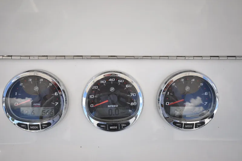  Yacht Photos Pics Dashboard gauges of a 2020 SeaVee 290B boat, displaying RPM and speed.