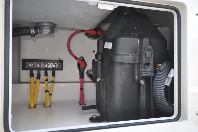  Yacht Photos Pics 2020 SeaVee 290B boat electrical compartment with wiring and components.