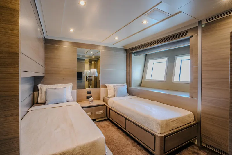 Charisma Yacht Photos Pics Luxurious twin bedroom on 2015 Benetti Fast 125 yacht with modern design.
