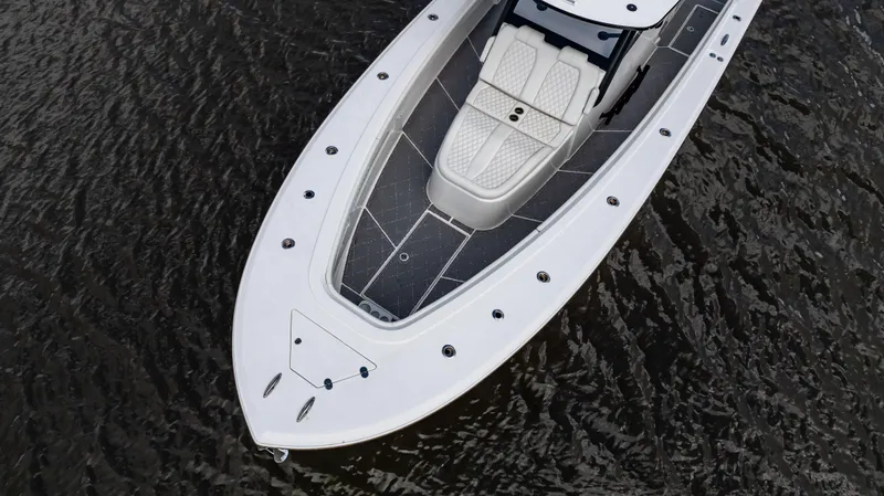 Catahoula Yacht Photos Pics 2023 Front Runner 39 Center Console boat on water, aerial view.