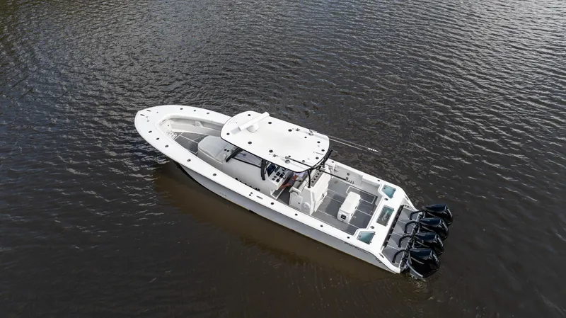 Catahoula Yacht Photos Pics 2023 Front Runner 39 Center Console boat on calm water, aerial view.