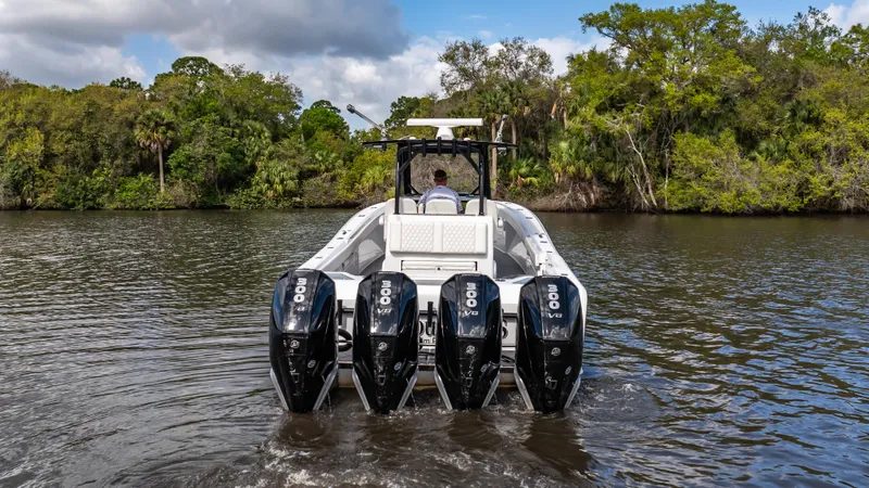 Catahoula Yacht Photos Pics 2023 Front Runner 39 Center Console boat with four powerful engines on a scenic river.
