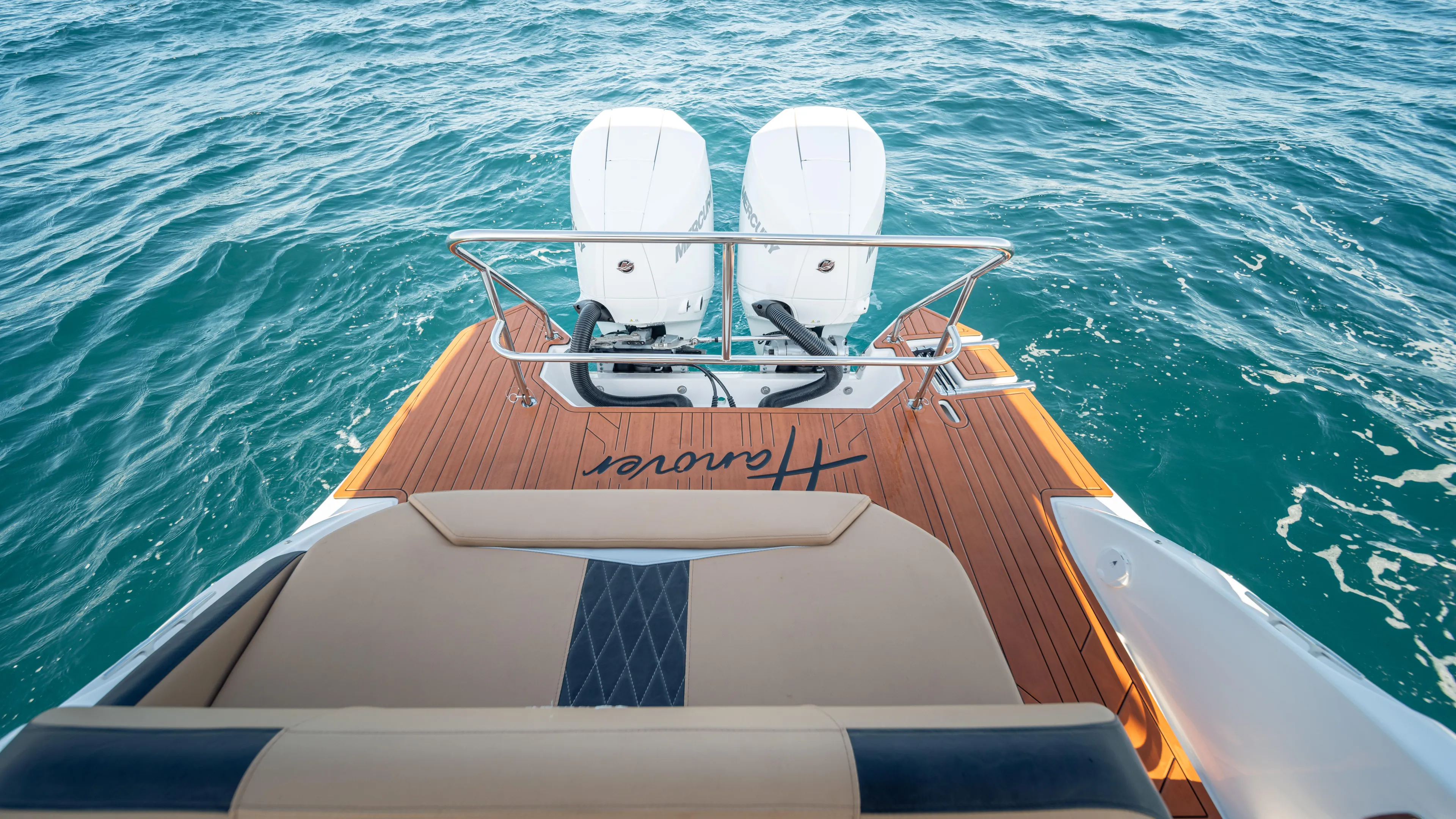  Yacht Photos Pics Hanover 305 boat with dual engines on open water, 2025 model.