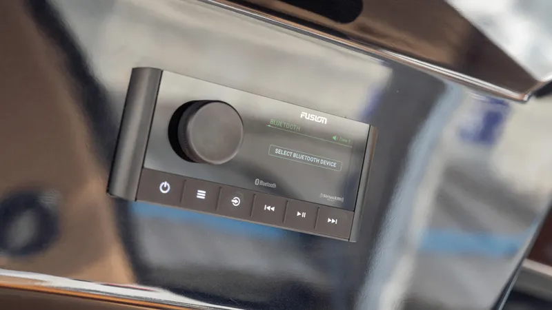  Yacht Photos Pics Hanover 305 stereo system, 2025 model, featuring a sleek control panel with display and buttons.