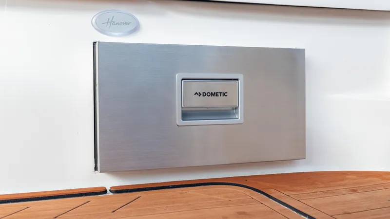  Yacht Photos Pics Hanover 305 boat with Dometic panel, 2026 model, featuring sleek design and wooden deck.