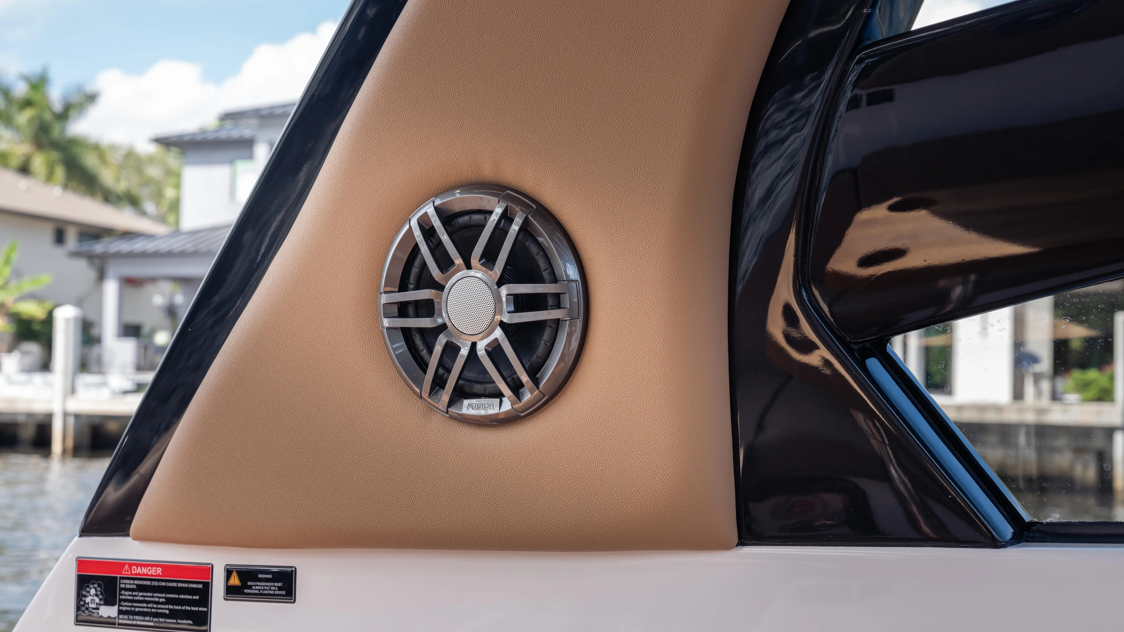  Yacht Photos Pics Speaker on Hanover 305 boat, 2026 model, with sleek design and waterfront background.