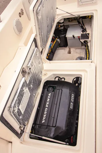 Halcyon Yacht Photos Pics Engine compartment of 2015 Aspen C100 boat with Volvo Penta D3-220 engine.